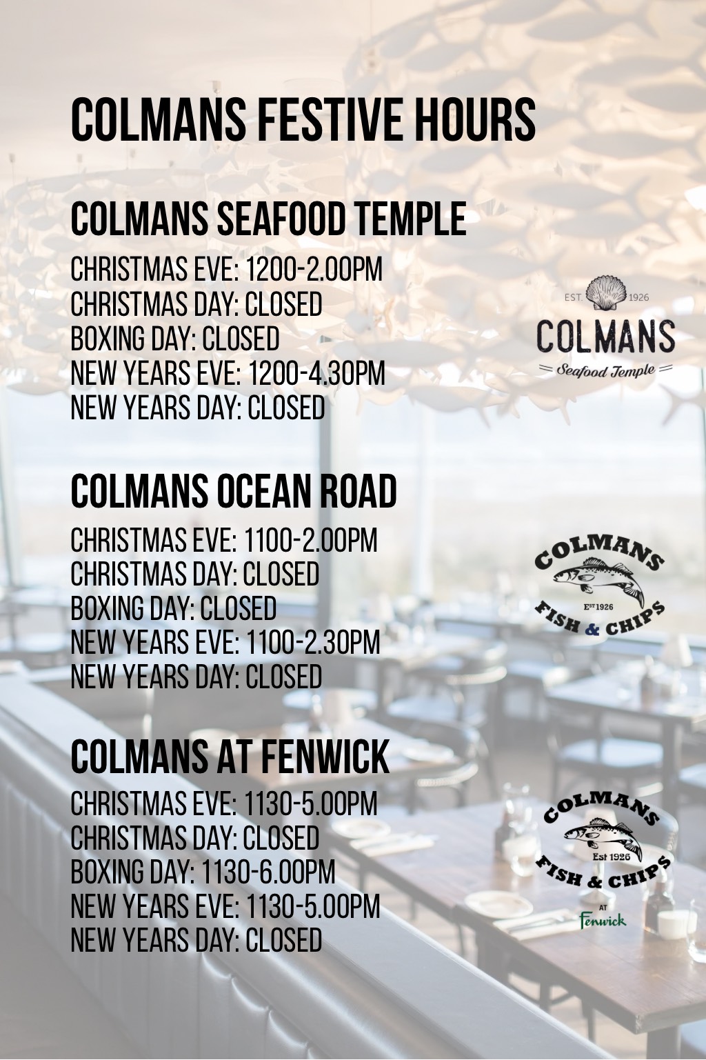 Colmans Festive Opening Hours 2025